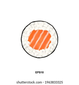 Salmon sushi roll vector illustration. Hosomaki susi, thin maki sushi rolls with raw trout, maguro tuna and nori isolated on white background