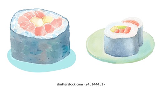 salmon sushi roll watercolor vector illustration
