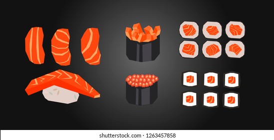 Salmon sushi set - low polygonal cartoon style minimal nigiri with salmon slice flying fish red caviar covered in nori. Can be used as design menu restaurant delivery, flyer, web background
