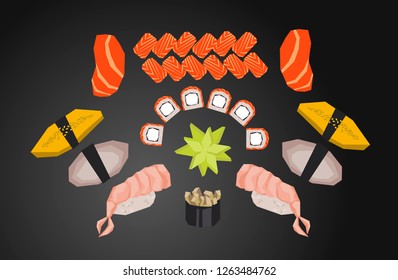 Salmon sushi set - low polygonal cartoon style minimal nigiri with, sushi set tuna, eel, roll with philadelphia cheese in nori. Can be used as design menu restaurant delivery, flyer, web background
