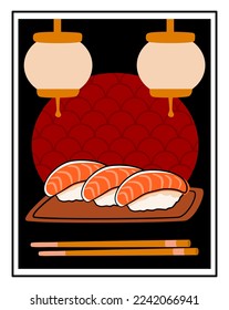 Salmon sushi set on a wooden plate with chopsticks. Nigiri rolls with retro  dark background.
