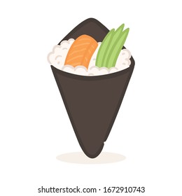 Salmon Sushi Temaki Hand Roll Cone Shape Japanese Rolled Food Vector Illustration isolated on white background