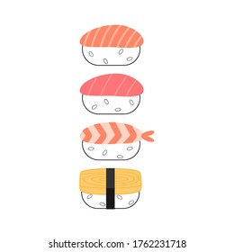 salmon sushi, tuna sushi, shrimp sushi, egg sushi, Japanese food
