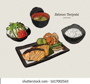 salmon teriyaki with rice salad and soup, japanese food. Hand draw sketch vector.