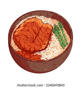 Salmon teriyaki with rice vector illustration. Asian food hand drawing