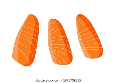 Salmon. Three pieces of fish. Overhead view of isolated Fresh raw salmon fish slices vector flat on white background. For menu, cafe, restaurant, poster, banner, emblem, sticker. Salmon fillet