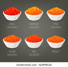 Salmon and trout fish caviar in plates. Red and king, siberian, raw pink and silver salty snack. Healthy meal and prepared cuisine, delicious or tasty eating theme, delicatessen roe or spawn