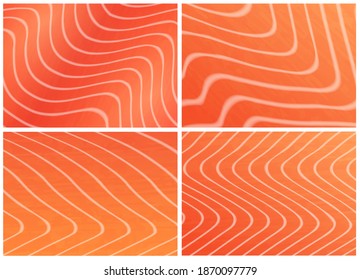 Salmon trout fish meat vector texture background set. Sushi or sashimi japanese food ingredient, graphic wallpaper, realistic raw salmon meat closeup. Orange textured fillet with white zigzag streaks