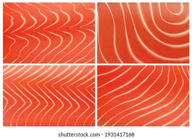 Fondo de textura vectorial de la carne de pescado de trucha de salmón. Filete de textura naranja con ramas de zigzag blancas. Comida japonesa de sushi o sashimi, papel pintado gráfico, armario realista de carne de salmón crudo