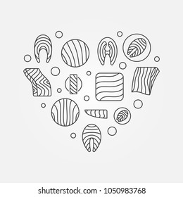 Salmon or trout in heart shape - vector concept symbol made with fillet, steak and other red fish icons in thin line style