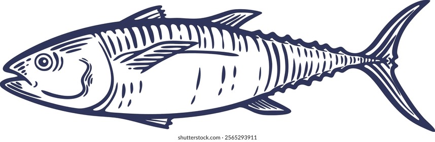 Salmon tuna fish whole fresh marine food, healthy seafood, organic product engraving hand drawn illustration black white isolated vintage line art sketch silhouette graphic style poster label web