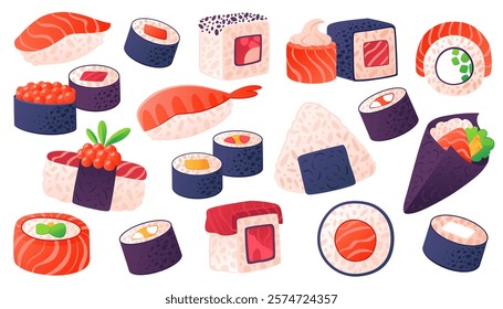 Salmon and tuna rolls, maki, phildelphia with cream cheese, uramaki, nigiri, temaki snacks. Asian food, traditional dishes with rice. Japanese sushi set. Asian-Japanese cuisine vector illustration 