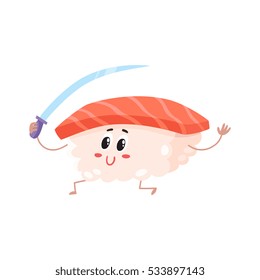 Salmon, tuna sushi character with a Japanese sword, cartoon vector illustration isolated on white background. Cute and funny salmon, tuna sushi, sashimi, roll character running with a sword