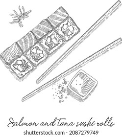 Salmon and tuna sushi rolls. Sketchy hand-drawn vector illustration. Sketchy sushi rolls with salmon and tuna.