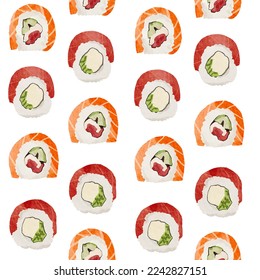 Salmón y sushi de atún sin soldadura. Repitiendo el fondo de la comida asiática. Cocina japonesa acuarela. Vector