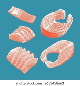 Salmão, vetor de salmão, ilustração de salmão, desenho de linha sobre fundo azul.