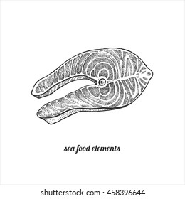 Salmon. Vector illustration seafood. Hand drawn ink image. Black and white.