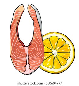salmon vector illustration. Steak salmon in cartoon style. Seafood product design. Salmon with lemon