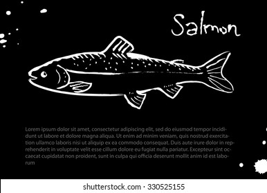 Salmon. Vector isolated illustration. Ink. Hand drawn. Illustration for cooking site, menus, books.