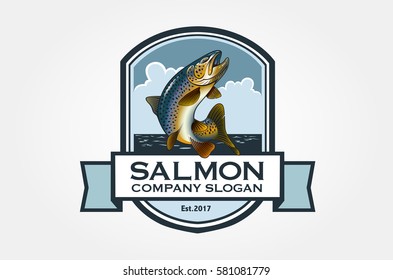 Salmon Vector Logo Illustration. Logo with salmon in emblem style. Vector vintage fish for your logo design.