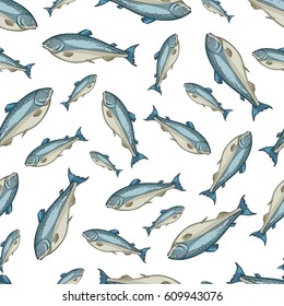 Salmon vector seamless pattern on a white background for packing, wrapping, labels and backdrop.