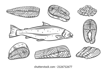 Salmon whole red fish, caviar, raw steaks and fillet realistic isolated outline vector illustration. Drawn monochrome seafood meal.