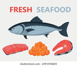Salmon whole red fish, caviar, raw steaks and fillet realistic, Seafood meal, vector illustration