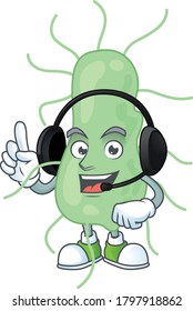 Salmonella cartoon character style speaking with friends on headphone. Vector illustration