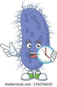El concepto de diseño de mascota Salmonella typhi sostiene un reloj circular. Ilustración del vector
