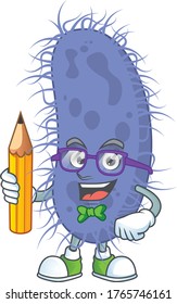 Salmonella typhi student cartoon character studying with pencil. Vector illustration