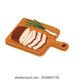 Salo, bacon with onions on a wooden board. Vector illustration of Ukrainian cuisine. Fatty food.  Hand drawn vector illustration. White isolated background. 