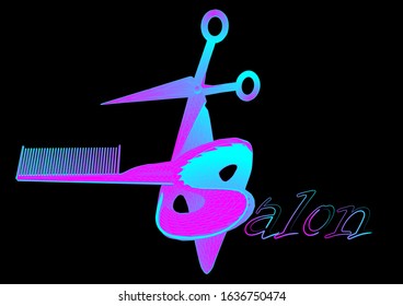 salon. abstract scissors and comb isolated on black background