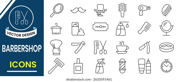 Salon, Barber shop icon elements collection. Line icon of Barber shop vector symbol such as  hair brush, face mask,  barber, tweezer, dye, magazine vector barber chair, hair pins. Vector illustration.