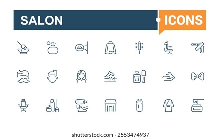 Salon and Barber Shop icon set. Includes icons for coiffure, haircutting, haircut, hair, barber, cream, hairbrush. Perfect for logos and infographics. Editable vector icon and illustration.