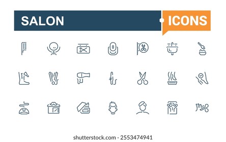 Salon and Barber Shop icon set. Includes icons for coiffure, haircutting, haircut, hair, barber, cream, hairbrush. Perfect for logos and infographics. Editable vector icon and illustration.