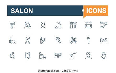 Salon and Barber Shop icon set. Includes icons for coiffure, haircutting, haircut, hair, barber, cream, hairbrush. Perfect for logos and infographics. Editable vector icon and illustration.