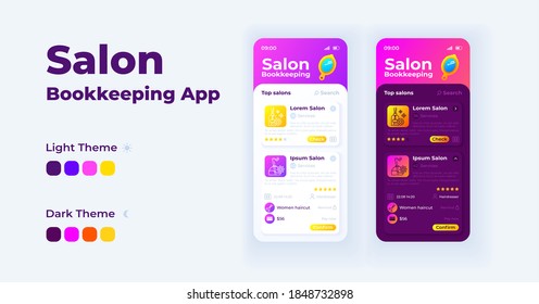 Salon bookkeeping smartphone interface vector template set. Mobile app page light and dark theme design layout. Search service screen. Flat UI for application. Invoice payment Phone display