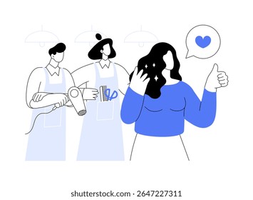O feedback do cliente do salão ilustrações isoladas do vetor do desenho animado. Feliz cliente satisfeito com o trabalho do cabeleireiro, setor de serviços, indústria de beleza, profissionais pessoas vetor cartoon.