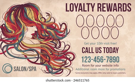 Salon customer loyalty card showing beautiful woman with long colorful hair