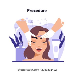 Salon dermaplaning procedure. Cosmetology face shaving procedure. Exfoliating and cleansing treatment for problematic skin. Flat vector illustration