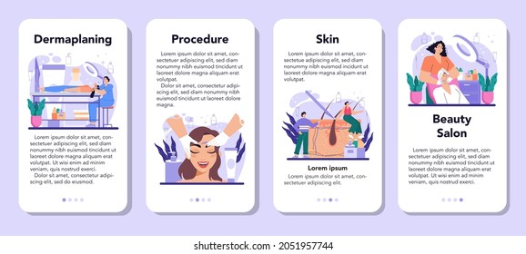 Salon dermaplaning procedure mobile application banner set. Cosmetology face shaving procedure. Exfoliating and cleansing treatment for problematic skin. Flat vector illustration