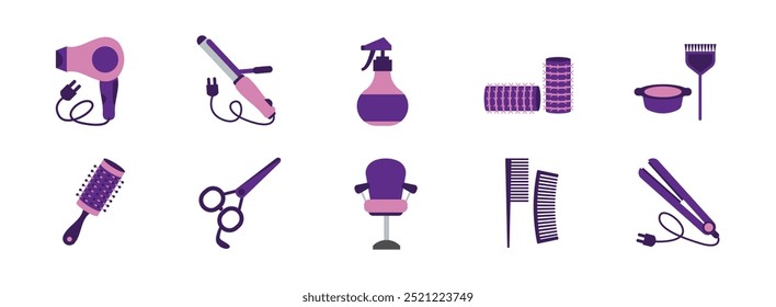 Equipo de salón conjunto de ilustración plana. Incluye de cepillo de soplado, silla, peine, secador de pelo, tijeras para el cabello, botella de spray, plancha. Ilustración vectorial aislada.