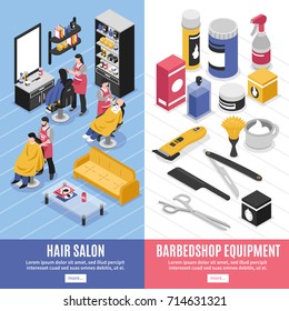 Salon equipment and hairdressers working at barbershop vertical banners 3d isolated vector illustration