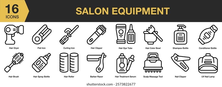 Salon Equipment icon set. Includes beauty, salon, equipment, care, hairdresser, treatment, and More. Outline icons vector collection.