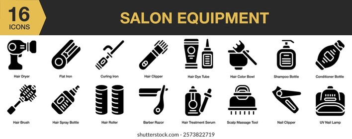 Salon Equipment solid icon set. Includes beauty, salon, equipment, care, hairdresser, treatment, and More. Solid icons vector collection.