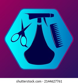 salon equipments 3d vector art logo.scissor,comb and a air freshner in a hexagon shape. 
