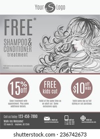 Salon flyer template with discount coupons and advertisement showing beautiful woman with long hair in black and white