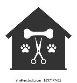 Salon grooming dogs and cats with the image of bones and scissors on a white background