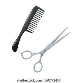 Salon hair accessories set. Metal hair cut scissors and black plastic styling comb with handle. Vector trendy illustration icons.