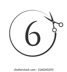 Salon and Hair Cutting Logo on Letter 6 Sign. Scissors Icon with Logotype Concept